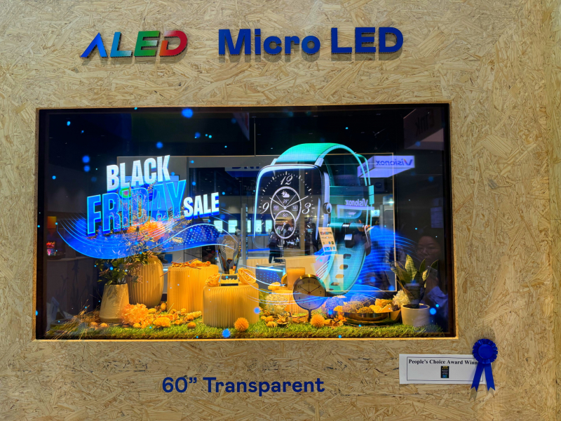 www.乐鱼60吋高透明度Micro LED显示器获&rdquo;最佳Micro LED技术应用奖&rdquo;，将Micro LED面板透明化之设计特性极致发挥，以可扩展性无缝拼接技术打造，具备600 nits全画面亮度、大于60%穿透率及超过NTSC 110%的优异广色域表现，可依需求灵活应用于各种场域